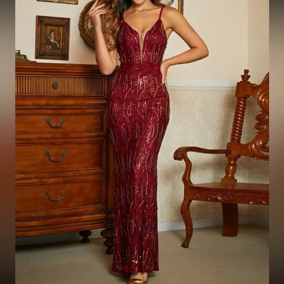 Luxe mesh insert mermaid hem sequins party formal prom gown dress - Picture 4 of 8